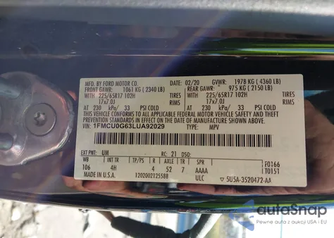 2020 Ford Escape Se из США, поврежденный, VIN 1FMCU0G63LUA92029